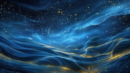 Fototapeta premium Celestial Landscape Abstract 3D Render of Wavy Blue and Gold Stardust, Night Sky Background