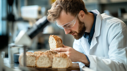 Expert baker evaluating freshly baked artisan bread in a lab setting. 