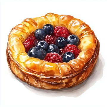 watercolor pastry tart with blueberries and raspberries clip art preview