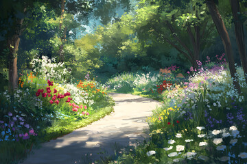 Garden path meandering through a lush landscape surrounded by colorful blooming flowers