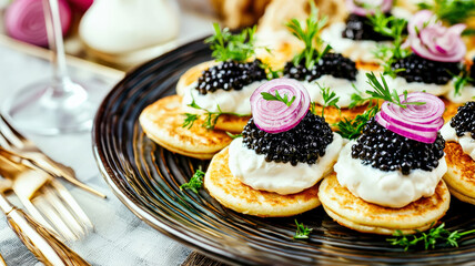 Fototapeta premium A gourmet plate featuring luxurious caviar accompanied by fluffy blinis, rich sour cream, and finely chopped red onions, creating an elegant and indulgent culinary experience.