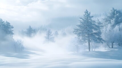 Serene Winter Landscape Snow Covered Trees Foggy Forest