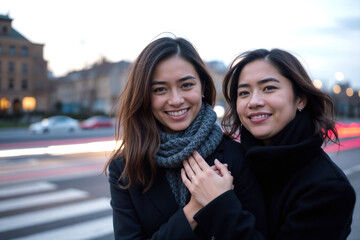 Two women are smiling warmly standing together on a city street with a background of blurred lights of passing cars. They are both dressed in dark winter coats as the atmosphere suggests a chilly day.