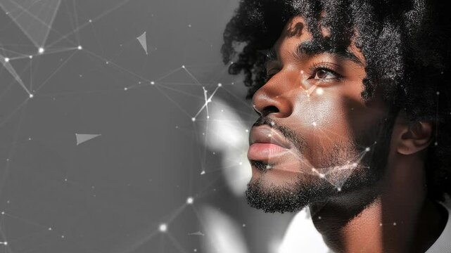 Black male model thin aquiline nose long curly hair. Black man. Black male model. Elegant man. Sexy man. A seductive guy. Fatal man. Copy-space for text. Minimalistic background. Generate AI.