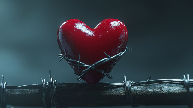 valentine heart lollipop razor pain. glossy red heart wrapped in barbed wire symbolizes pain