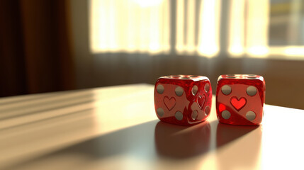valentine heart lollipop razor pain. pair of red dice showing hearts and soft sunlight