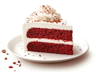 A slice of red velvet cake with white frosting on a white plate with chocolate sprinkles.