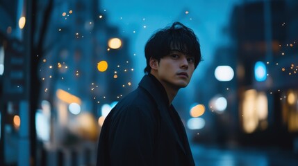 Fototapeta premium Pensive Young Man in Dark Coat Amidst City Lights at Night - Atmospheric Portrait Photography