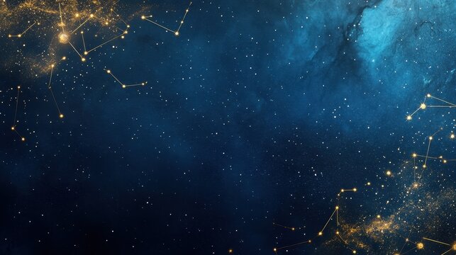Celestial Canvas Golden Constellations and Cosmic Dust on Deep Blue Night Sky Background