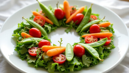 Beautiful veggie platter arranged in a wreath shape with fresh greens, carrots, and cherry tomatoes