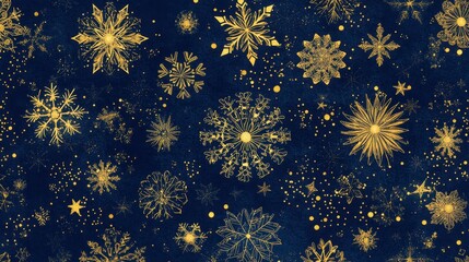 Luxurious Gold Snowflakes on Navy Blue Background Seamless Winter Pattern for Festive Designs