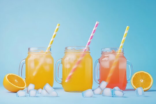 A minimalist composition of three jars filled with cold drinks and ice, with orange lemonade front and center, and colorful straws adding a playful touch.