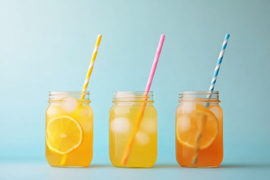A minimalist composition of three jars filled with cold drinks and ice, with orange lemonade front and center, and colorful straws adding a playful touch.