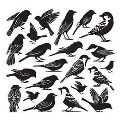 Obraz premium Silhouette set of sparrows on white background