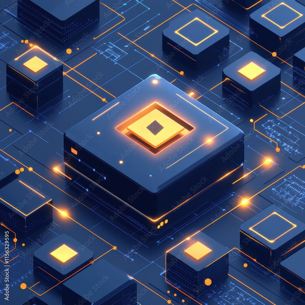 Poster futuristic digital circuit with illuminated microchips and patterns