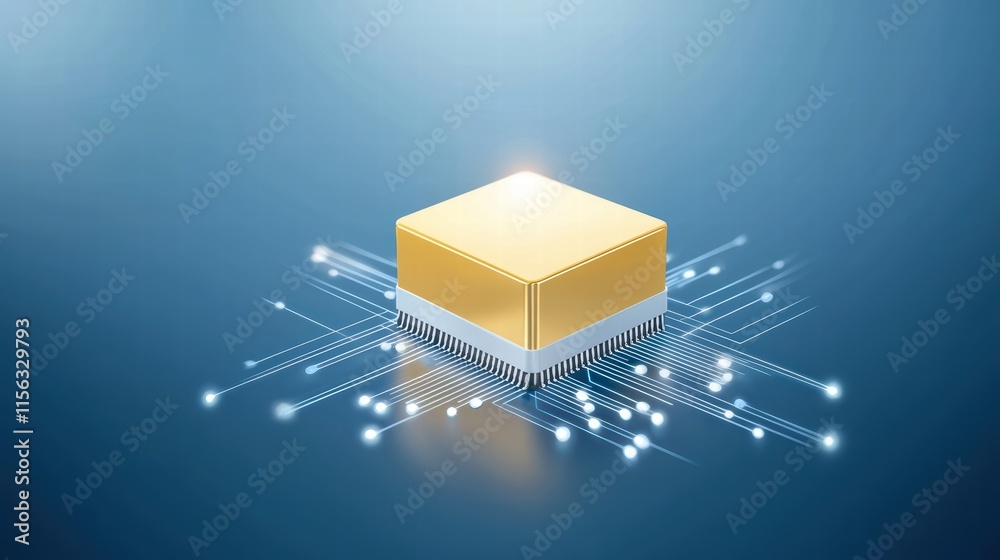 Poster golden microchip on blue background with circuit pattern