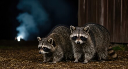Fototapeta premium Two raccoons at night near a wooden structure
