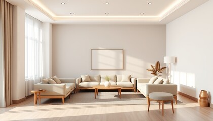 Photo of a modern and minimalist living room interior, a combination of soft colors and minimalist design creates a modern and comfortable atmosphere