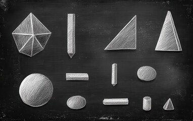 Chalkboard Geometric Shapes Hand-Drawn 3D Illustrations of Basic Forms - Sphere, Cube, Cylinder, Cone, Pyramid, and More