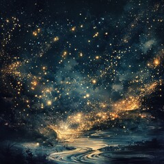 Naklejka premium Celestial River Magical Night Sky with Golden Stars and Serene Landscape - Fantasy Art