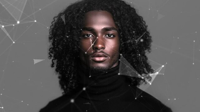 Black male model thin aquiline nose long curly hair. Black man. Black male model. Elegant man. Sexy man. A seductive guy. Fatal man. Copy-space for text. Minimalistic background. Generate AI.