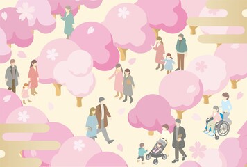 アイソメトリック　人物　家族　子供　春　お花見　さくら　桜　サクラ　背景　イラスト素材