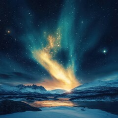 Naklejka premium Magical Aurora Borealis over Snowy Mountains and Frozen Lake Breathtaking Night Sky Landscape Photography