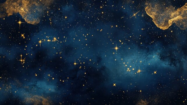 Celestial Night Sky Dark Blue and Gold Galaxy Background with Sparkling Stars and Nebulae - Abstract Cosmic Art