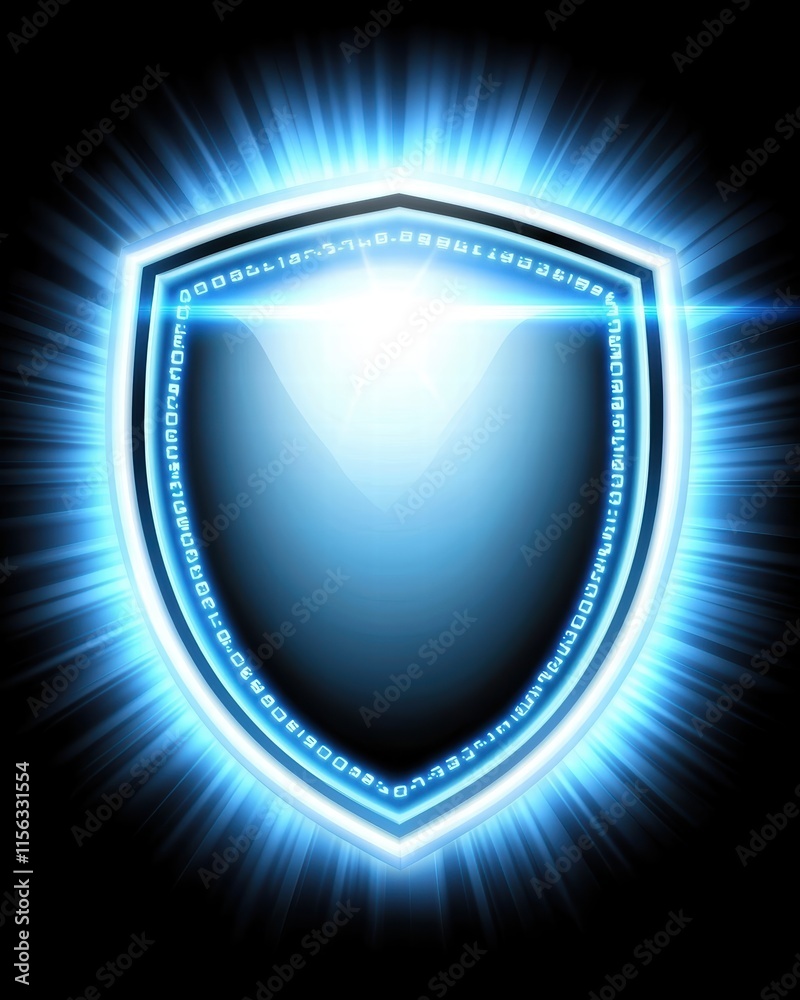 Poster blue digital shield with glowing light and binary code background