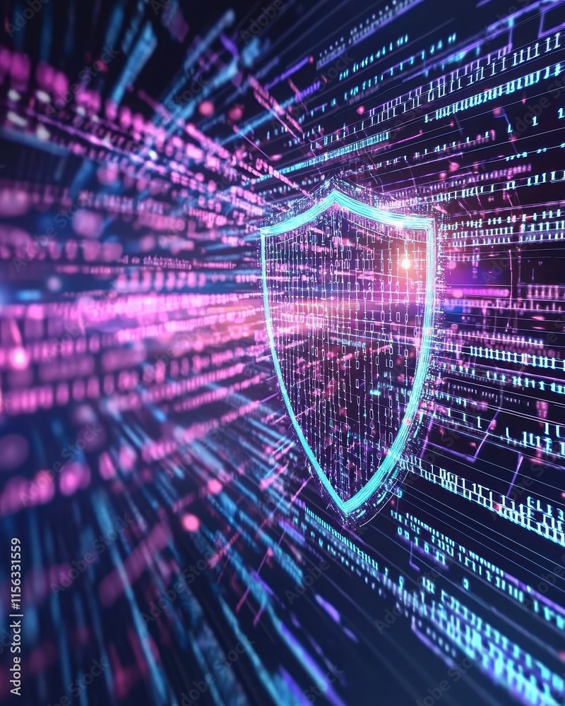 Poster digital shield symbol in cybersecurity data stream background