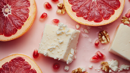 Sweet and tangy dessert arrangement with grapefruit, pomegranate, and nuts. 
