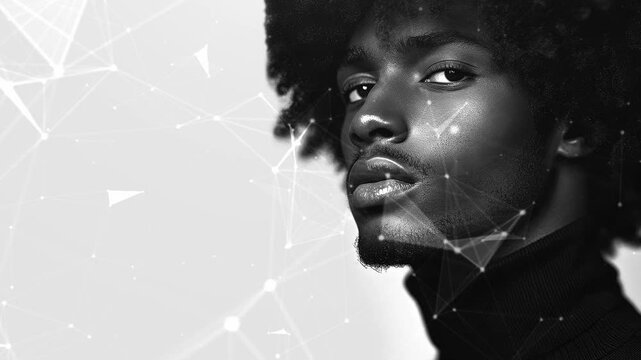 Black male model thin aquiline nose long curly hair. Black man. Black male model. Elegant man. Sexy man. A seductive guy. Fatal man. Copy-space for text. Minimalistic background. Generate AI.