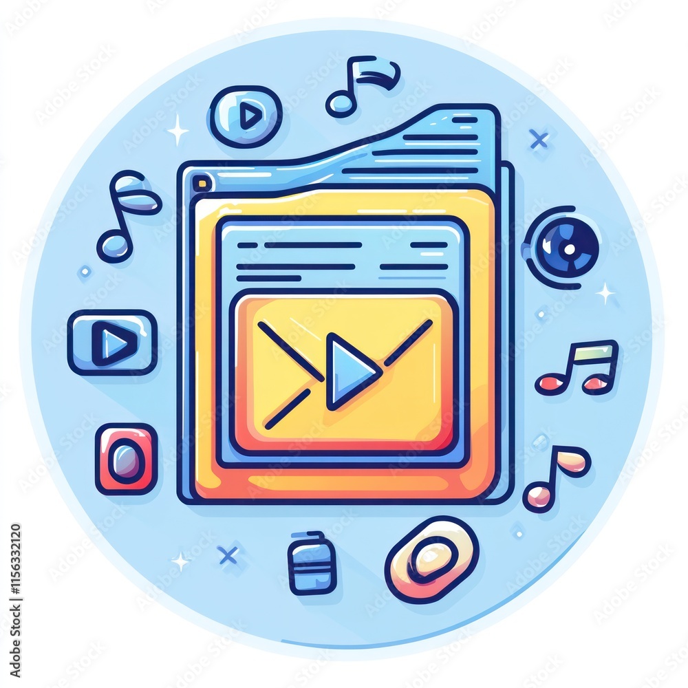 Poster media folder with play button in center and various icons around it.
