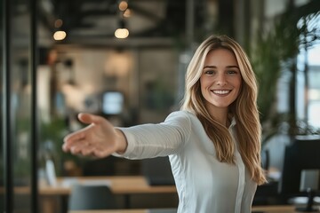 A modern businesswoman in a well-lit office, standing next to a desk and reaching out for a handshake, creating a welcoming atmosphere.