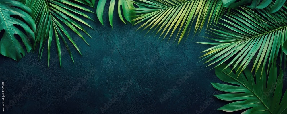 Poster greenery palms idea. a vibrant display of tropical leaves set against a dark textured backdrop.