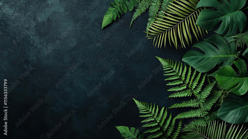 Poster greenery palms idea. lush green ferns framing a dark textured background for a serene natural look.