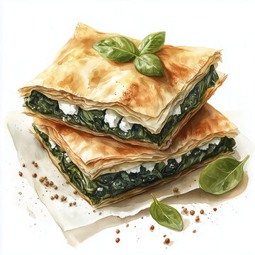 savory spinach pie watercolor on white clip art preview