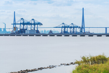 Natural Scenery of Yangtze River Port and mudflat in Suzhou, Jiangsu Province, China on August 20, 2024