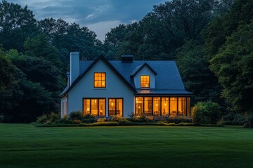 Obraz premium Stunning exterior view of a modern farmhouse at night, with large windows, elegant white and black architecture, and a beautifully manicured lawn, illuminated by warm interior lights.