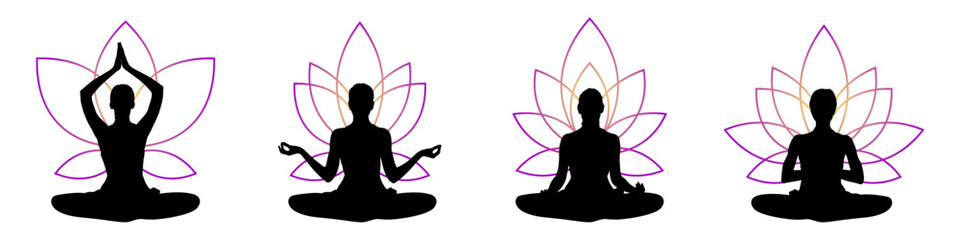 silhouette of women yoga meditation, sitting pose with lotus flower. relax or recreation, healthy lifestyle. Vector illustration	
