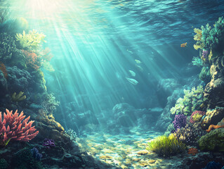 Obraz premium Beautiful underwater scene with coral reefs and sunlight filtering through the water