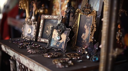 Antique picture frames and jewelry displayed on a wooden table.