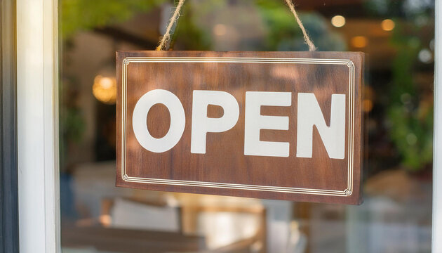 open store sign behind the glass door - Powered by Adobe