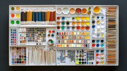 Organized art supplies in a white tray; colored pencils, watercolor paints, and paint palettes.