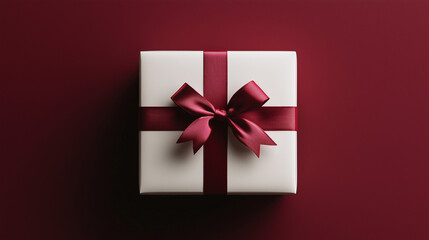White Gift Box Open with Red Ribbon Bow on Dark Red Background Shadow Minimal Conceptual 3D Rendering