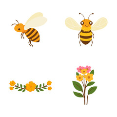 Elements Set of Honeybee Bee Insect Animal with Flower Plant