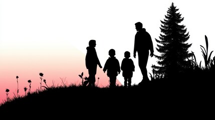 A detailed silhouette of a family of four standing together in a serene outdoor setting, surrounded by tall trees and a calm atmosphere, showcasing unity and harmony with clean, crisp lines 