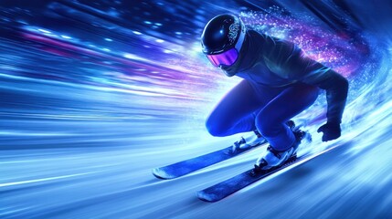 A skier in motion, blurred motion effect, vibrant colors, dynamic action shot, winter sports, fast 