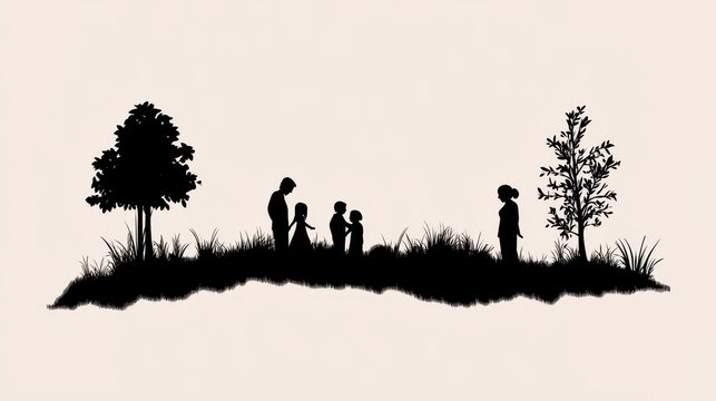 A detailed silhouette of a family of four standing together in a serene outdoor setting, surrounded by tall trees and a calm atmosphere, showcasing unity and harmony with clean, crisp lines 
