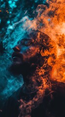Abstract Portrait of Man with Colorful Smoke. Concept of duality, transformation, and artistic expression.